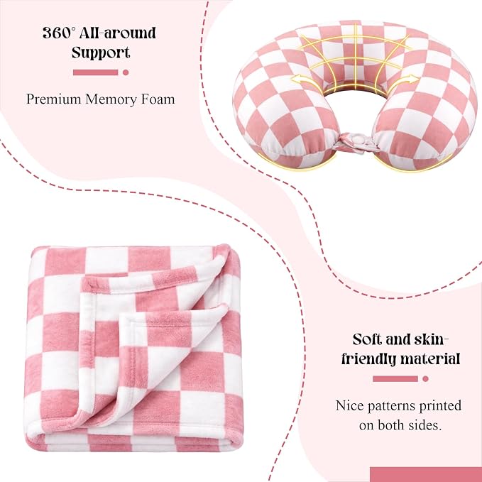 HunnmingRe 5 Pcs Travel Pillow and Blanket Set, 5 in 1 Travel Airplane Compact Includes 40 x 60 Inch Throw Blanket Eye Mask Neck Pillow Earplug and Bag Gifts for Travelers Women(Checkered,Pink) - Image 4