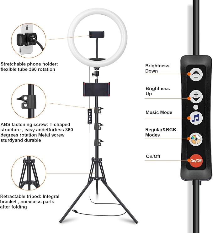 13" Selfie Ring Light with 76" Tripod Stand & 3 Phone Holder, LED Camera Ringlight with 48 RGB Colors Modes & Musical Rhythm Mode and 12 Brightness Dimmable for Makeup/Photography/Videos/Vlog/TikTok - Image 7