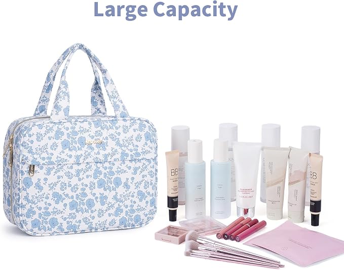 Narwey Floral Hanging Toiletry Bag, Travel Makeup Organizer Cosmetic Make up Bags for Women, Travel Toiletries Essentials Accessories (Blue Flower, Medium) - Image 6