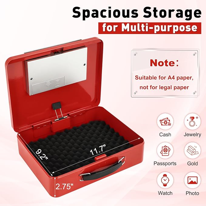 KYODOLED Red Safe Box with Digital Keypad Lock, Lock Box with Code for Personal Items, Metal Security Box for Cash, Passport, Jewelry, Ideal for Home, Office, Garage Sale, 11.8'' x 9.4'' x 3.5'' - Image 3