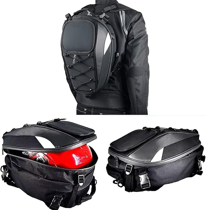 Motorcycle Tail Bag,Waterproof Seat Bag,Dual Use Backpack With Cargo Net | Expandable Helmet Bag with Rain Cover & Shoulder Strap, Multifunctional Storage Saddle Bag, Motorbike Luggage Tail Pack - Image 2