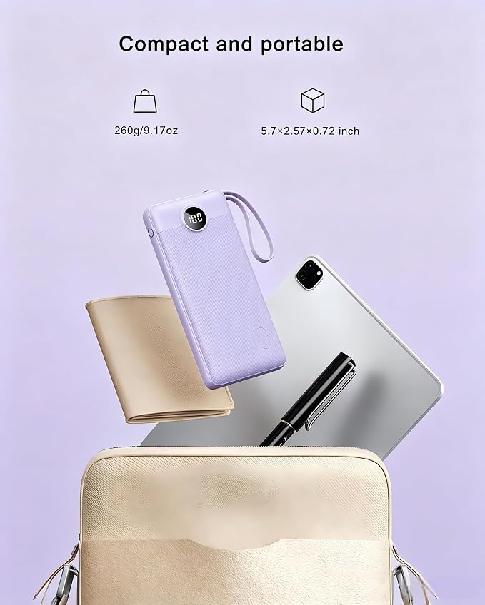 VRURC Portable Charger Power Bank, USB C Battery Pack 10000mAh, Flight-Safe Travel Essentials, 5 Outputs 2 Inputs Slim Phone Charging Bank Built-in Cables for Multi Devices-Lavender(1 Pack) - Image 8