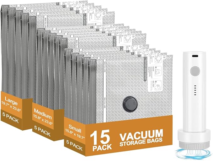 Vacuum Seal Bags for Clothing Travel, with Electric Pump 15-Pack | Save 80% luggage space. Tear-resistant PA+PE. Smart travel essentials replacing compression packing cubes. by Unknown