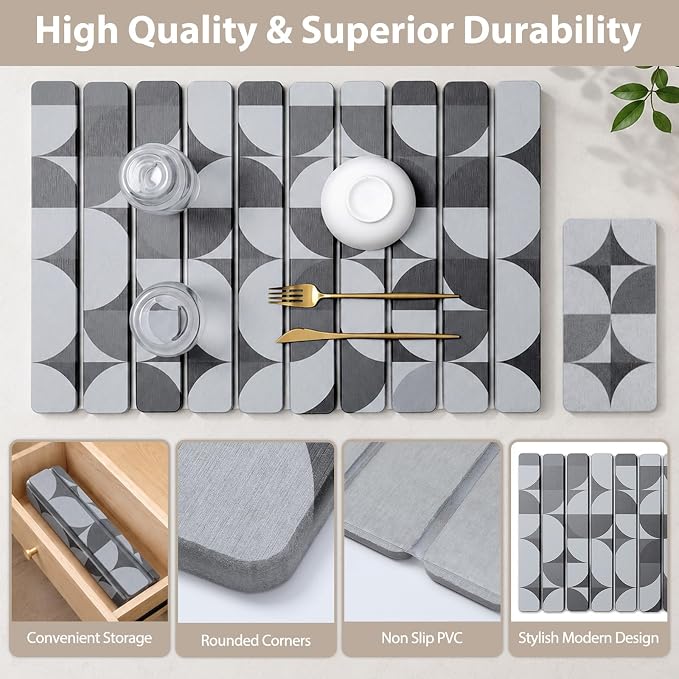 Large Stone Dish Drying Mat for Kitchen Counter, Quick Dry Diatomaceous Earth Dish Drying Pad, Foldable Water Absorbing Organizer Pad for Plates Bottles Utensils (Dark Gray Geometric 24"×16" & 8"×4") - Image 5