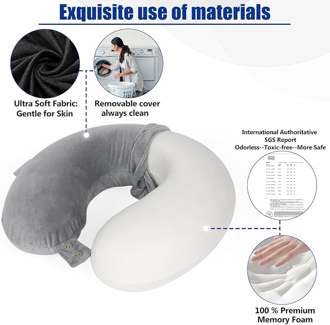 SAIREIDER Airplane Pillow 100% Memory Foam Neck Pillow for Airplanes Flight Rest Best Adjustable Travel Neck Support Pillows-Prevent The Heads from Falling Forward (Grey) - Image 4