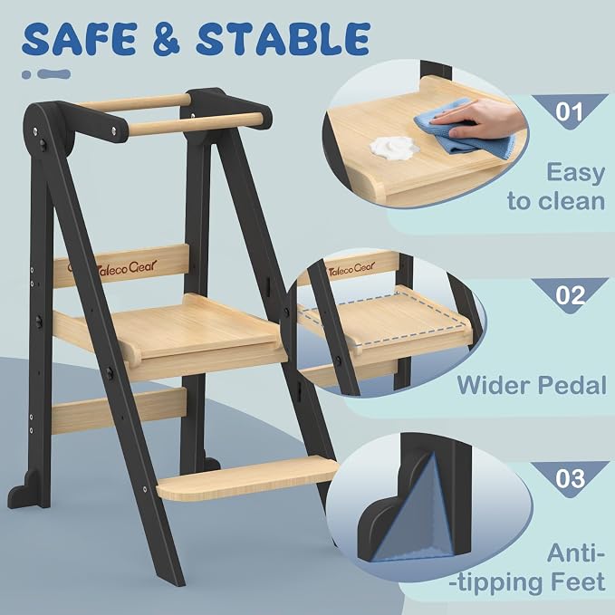 Foldable Toddler Kitchen Stool Helper with 3 Adjustable Heights,Aged 1-6 | CPSC Test,Wooden Collapsible Toddler Tower with Safety Rails&Feet,Wide Pedal,for Kitchen Cooking, Baking or Washing Hands - Image 3