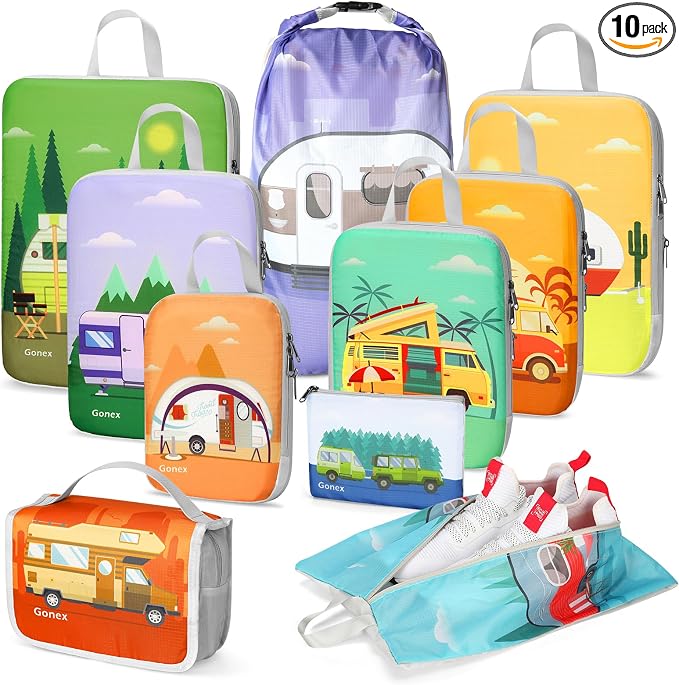 Gonex 10-Piece Compression Packing Cubes with Travel Organizer Set | Unique Printed Design, Ripstop Fabric, Double-Zip Compression, Shoe Bag, Laundry Bag, Accessories Bag by Gonex