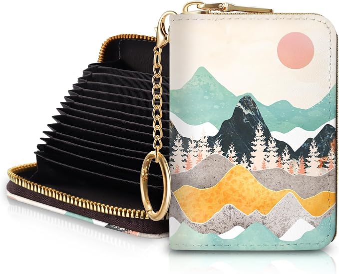 Blusabaca RFID Credit Card Holder Small Women Travel Wallet, Sunrise | Sunset Mountain, Removable Keychain, Case Zipper, PU Leather, Cash Coin Pocket, Business Accordion Purse, Ladies Female Gift by Blusabaca