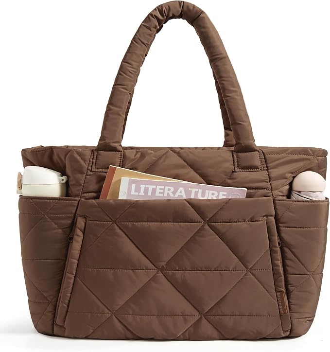 BAGSMART Tote Bag for Women, Puffer Tote Bag with Zipper, Large Quilted Shoulder Bag with Compartments for Travel, Work, Gym by BAGSMART