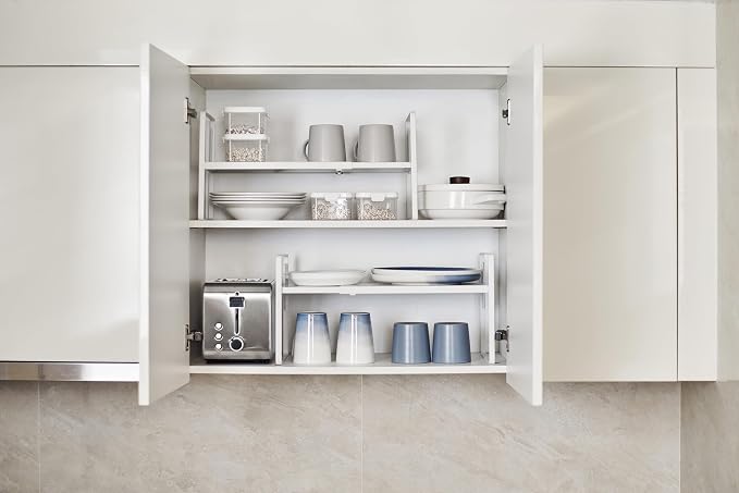 Nxconsu Cabinet Shelf Riser, Adjustable Cabinet Organizer, 10.3" Deep White | Heavy-Duty Metal Expandable Shelf Holds 50 lb with 3 Height Levels for Kitchen Cabinet Cupboard Pantry Dish Mug - Image 2