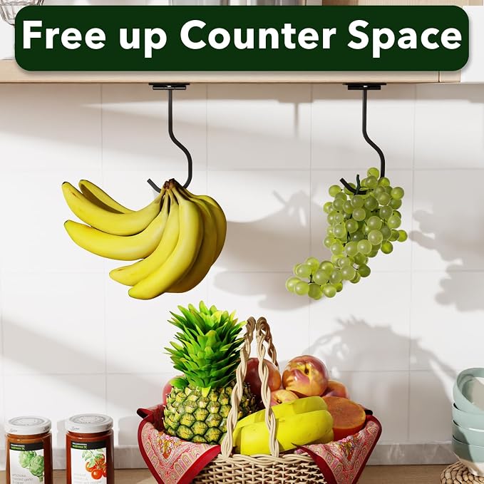 bussdis Adhesive Banana Hook Under Cabinet, Black, 2 Pack | Foldable Banana Hanger, Metal Banana Holder, Hold 20 Bananas, Space-Saving Design, Folding with Magnets When Not in Use - Image 5