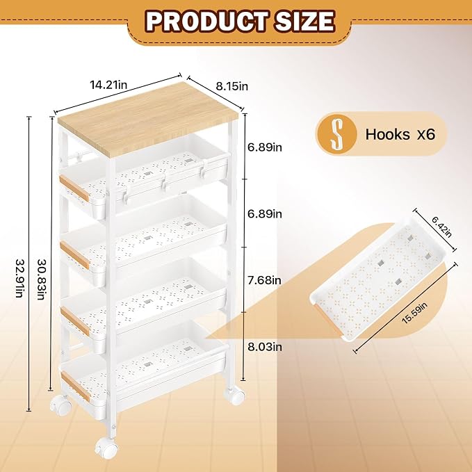 SUNALLY Slim Storage Cart with Wheels, Narrow Kitchen Rolling Cart, White | 5-Tier Skinny Rolling Cart with Wooden Top & Lockable Wheels, Storage Organizer for Bathroom, Laundry Room, Narrow Space - Image 3