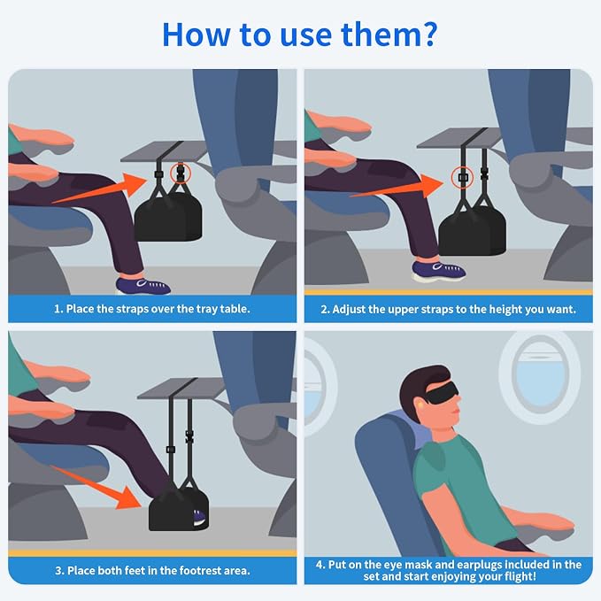CushZone Foot Hammock Airplane Foot Rest for Train, Length Adjustable Travel Essentials with Eye Mask and Earplugs, Desk Foot Rest, Flight Essentials Airplane Foot Hammock (1 Set) - Image 4