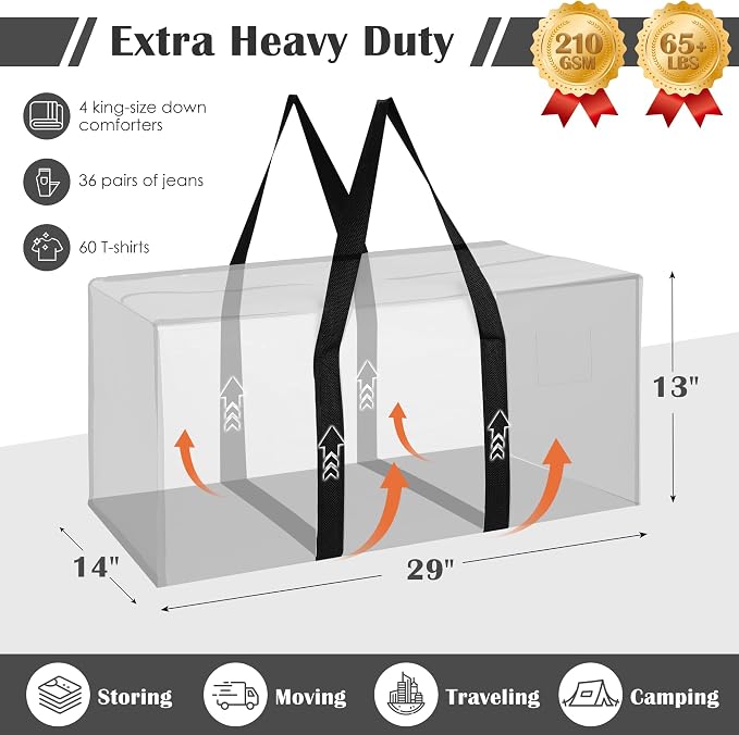 6 Pack Moving Bags Heavy Duty 210GSM with Full-Open Side Zipper, 93L 65lbs Waterproof Foldable Storage Totes for College Dorm Move-In, Moving Boxes Alternative & Home Organization,White - Image 2