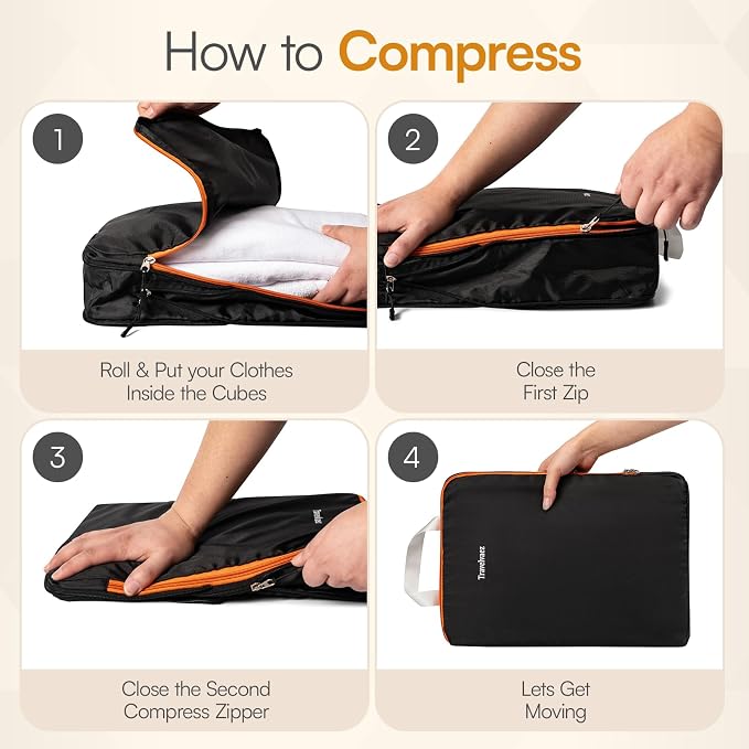 6 Set Large Compression Packing Cubes for travel. | Durable, Expandable and Lightweight Packing Cubes for Travel Compression with Laundry bag, Black - Image 2