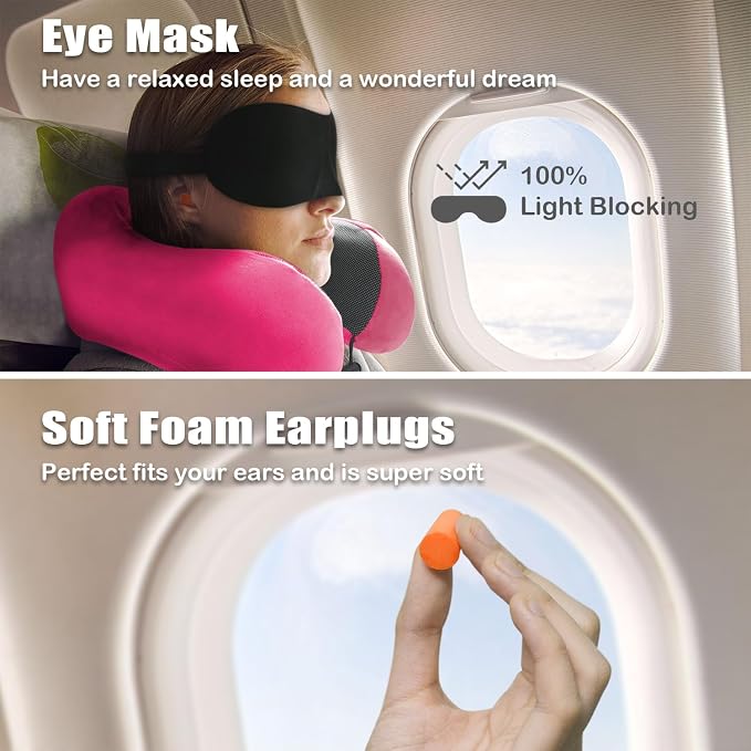 Travel Pillow, Memory Foam Neck Pillow for Traveling, U Shape Neck Pillow Airplane Portable Flight Pillow Travel Kit with 5D Contoured Eye Masks and Earplug for Plane Train Car Home Office - Image 2