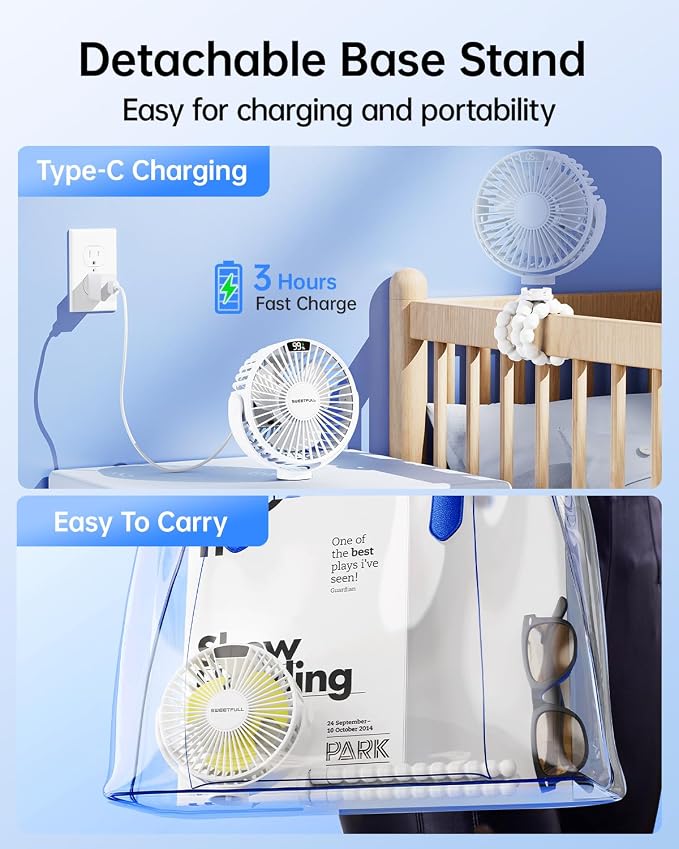 SWEETFULL Portable Stroller Fan with LED Display, 4 Speed Rechargeable Mini Clip On Fan, 360° Rotate Flexible Tripod Better Cooling Small Baby Fan for Car Seat Crib Travel Bike Treadmill (White) - Image 6