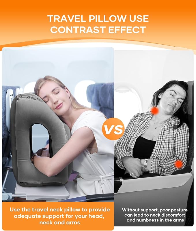 Sunany Travel Pillow, Upgraded Plane Pillow for Long Flights, Inflatable Neck Pillow Used for Airplanes,Cars,Buses,Trains,Office Napping with Eye Mask,Earplugs (Gray) - Image 4