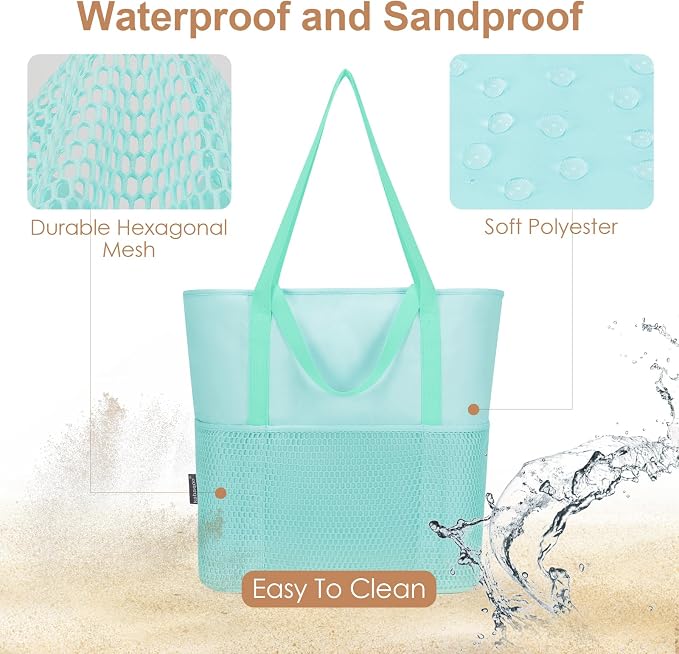 KABAQOO Large Beach Bag Waterproof Sandproof Tote Bag for Women with Zipper & Mesh Pockets for Pool Swim Travel Everyday | waterproof - Image 4