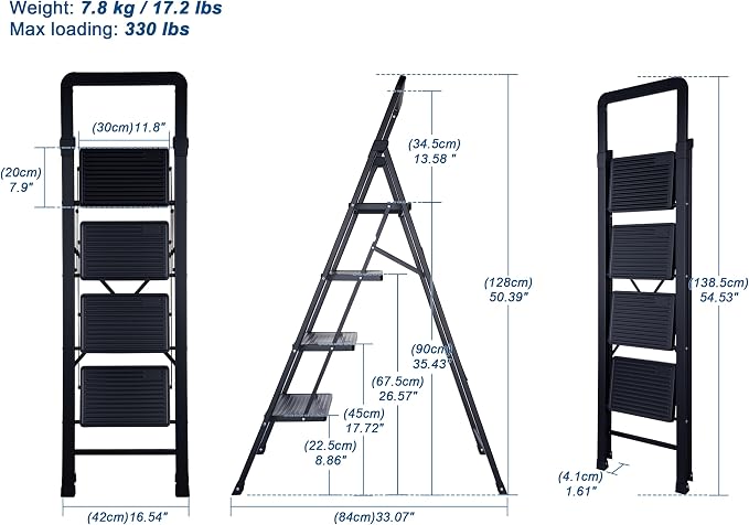 Step Ladder 4-Step Black Finish Folding Ladders | Anti-slip Sturdy Foldable Ladder Step Stool for Kitchen Home Office Libaray - Image 2