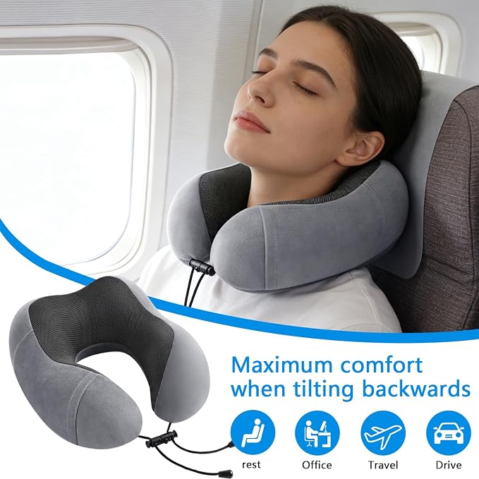 Airplane Pillow, Travel Neck Pillow with Memory Foam - Adjustable Buckle & Machine Washable Cover for Neck Support, Includes Eye Mask & Ear Plugs (Grey) - Image 3
