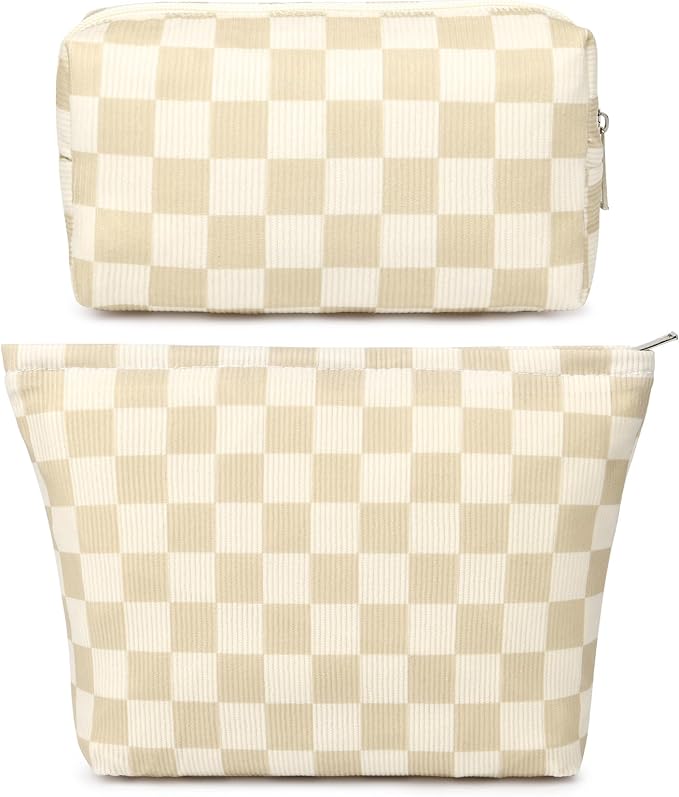 SOIDRAM 2 Pcs Checkered Makeup Bag Large Cosmetic Bag Toiletry Bag Makeup Pouch Travel Bag Organizer Cute Makeup Brushes Aesthetic Accessories Storage Bag for Women Brown Checkered by SOIDRAM