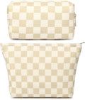 SOIDRAM 2 Pcs Checkered Makeup Bag Large Cosmetic Bag Toiletry Bag Makeup Pouch Travel Bag Organizer Cute Makeup Brushes Aesthetic Accessories Storage Bag for Women Brown Checkered by SOIDRAM