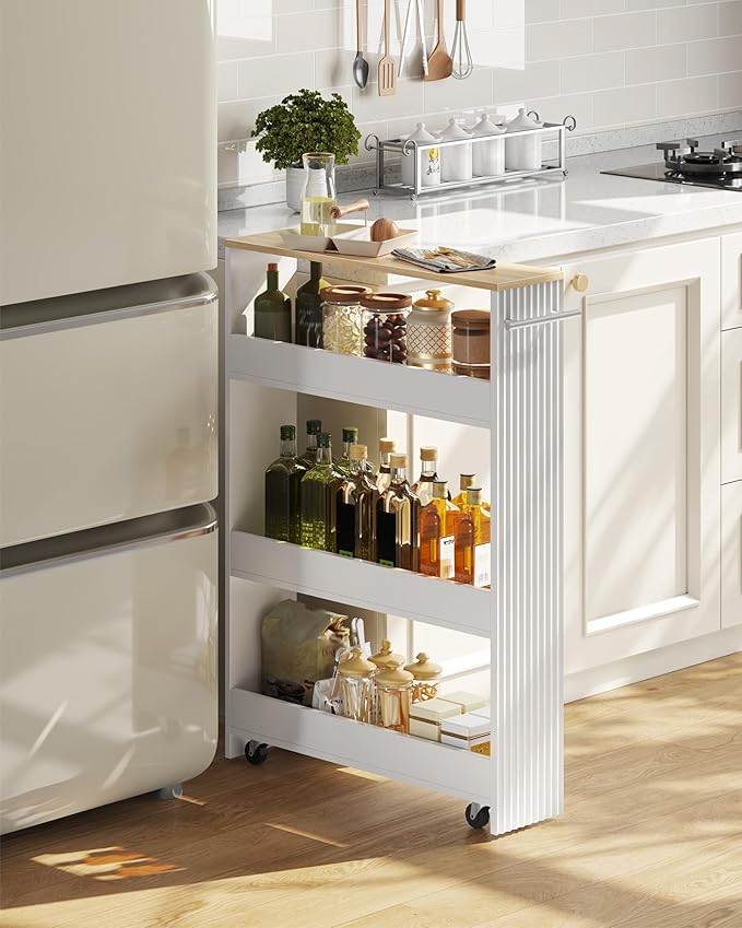 Slim Storage Cart with Wheels, 5.5" Narrow 4-Tier Rolling Cart, Multi-Purpose Utility Cart for Kitchen, Bathroom, Laundry Room, Living Room, White and Natural MTC02WN - Image 2
