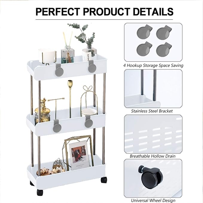 3-Tier Slim Mobile Shelving Unit on Wheels, Slide Out Rolling Bathroom Storage Organizer, Utility Carts Shelf Rack for Kitchen Bathroom Laundry Room Narrow Places, White - Image 6