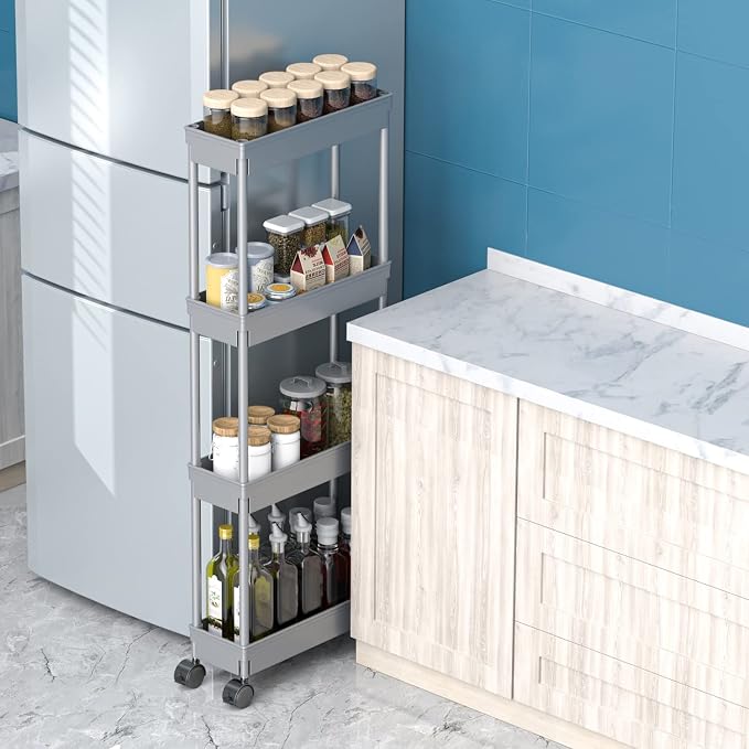 Sooyee 4 Tier Slim Storage Cart,Rolling Storage Cart,Narrow Shelf,Bathroom Rack,Mobile Shelving Unit Organizer for Kitchen, Bathroom, Laundry Room, Grey - Image 6
