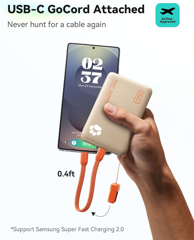 INIU 45W Fast Charging Portable Charger, Smaller 10000mAh Travel Power Bank | Flight-Safe, Detachable USB C Cable, Travel Essential, External Battery Phone Pack for iPhone 17 Samsung S26 iPad etc, Beige - Image 4