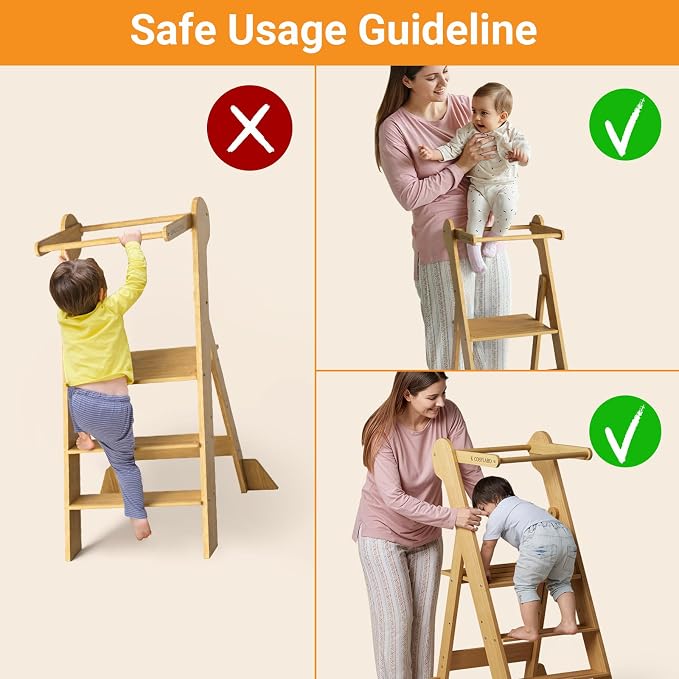 COSYLAND Foldable Toddler Kitchen Stool Helper - Standing Stool Tower | Folding 2-level Height Stand Tower, kids 18M-6Y, 70% pre-assembled anti-tip & non-slip bathroom Sink or Kitchen Counter - Image 9