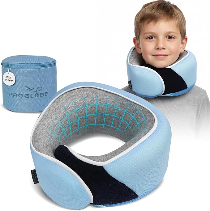 Kids Travel Neck Pillow, Memory Foam, Light Blue, Ages 4+ | Ergonomic Soft Washable Kids Airplane Pillow with Adjustable Strap, Compact Head Support for Car and Booster Seat by ProGlobe