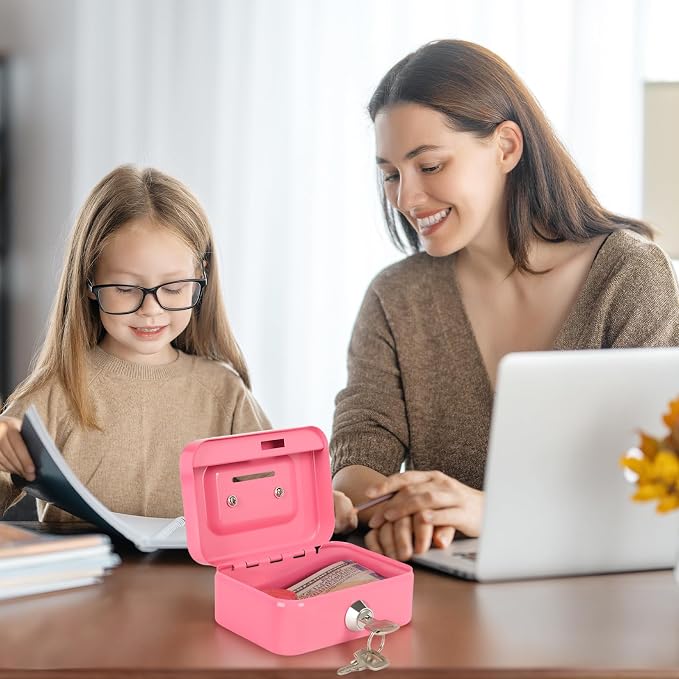 Cash Box with Lock Small Cute Coin Lock Box with Money Slot Mini Portable Gamblers Safe Box 4.5"x3.4"x2.4" Pink - Image 7