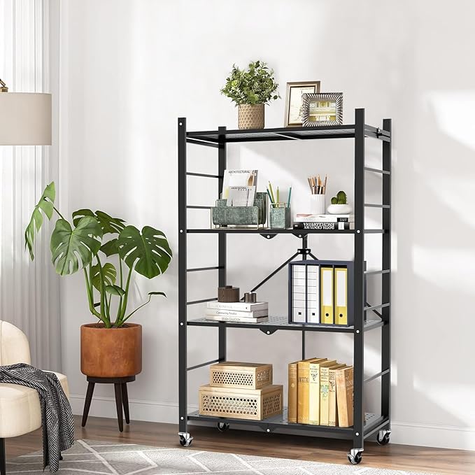 Himix 4-Tier Foldable Storage Shelf with Wheels 20 Hooks Black No Assembly | Metal collapsible organization, Folding storage rack, Wire shelving, Unit Rolling Cart, Kitchen, Garage, Holds 352 Ibs - Image 2