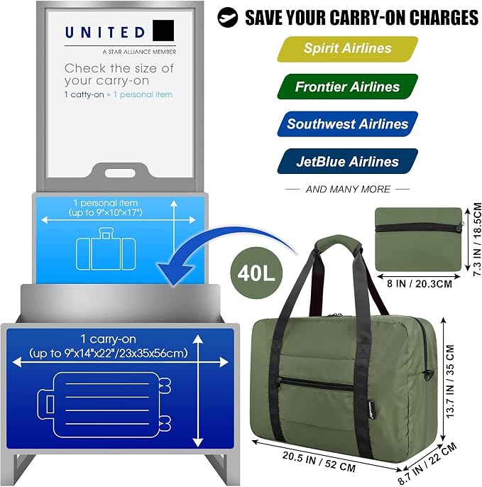 Duffle Bag for Travel Foldable Personal Item Travel Bag, 40L, Army Green | Carry On Duffel Bag Women Men Frontier Airlines Personal Item Bag Hospital Weekend Overnight Trips - Image 2