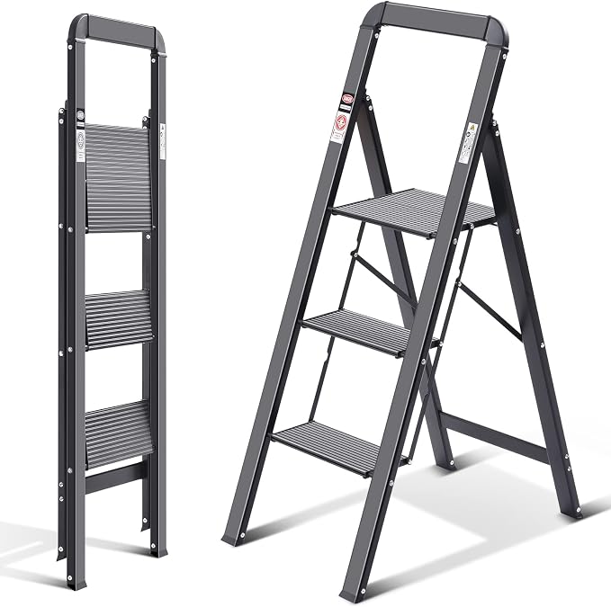 KINGRACK Aluminium 3 Step Ladder, Lightweight Step Stool with Non-Slip Pedals, Handrail, 330 LBS Foldable Step Ladder for Kitchen, Garage, Home, Space Saving, Sturdy and Portable, Black by KINGRACK