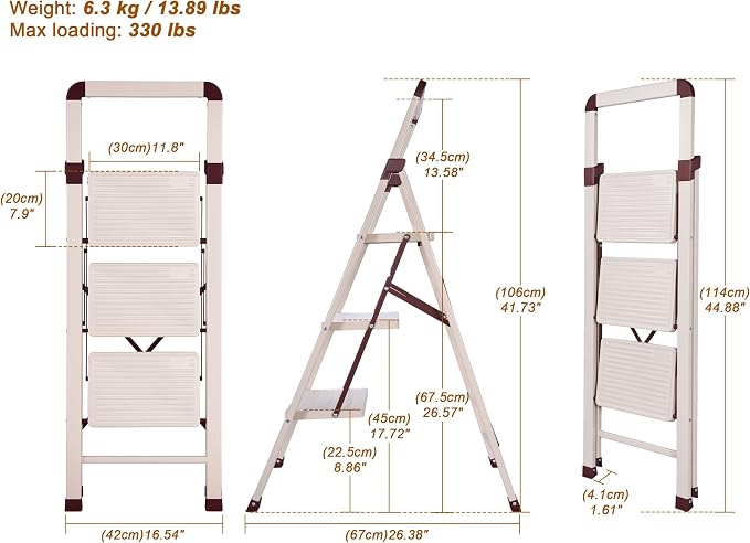 Step Ladder 3-Step White Finish Folding Ladders | Anti-slip Sturdy Foldable Ladder Step Stool for Kitchen Home Office Libaray - Image 2
