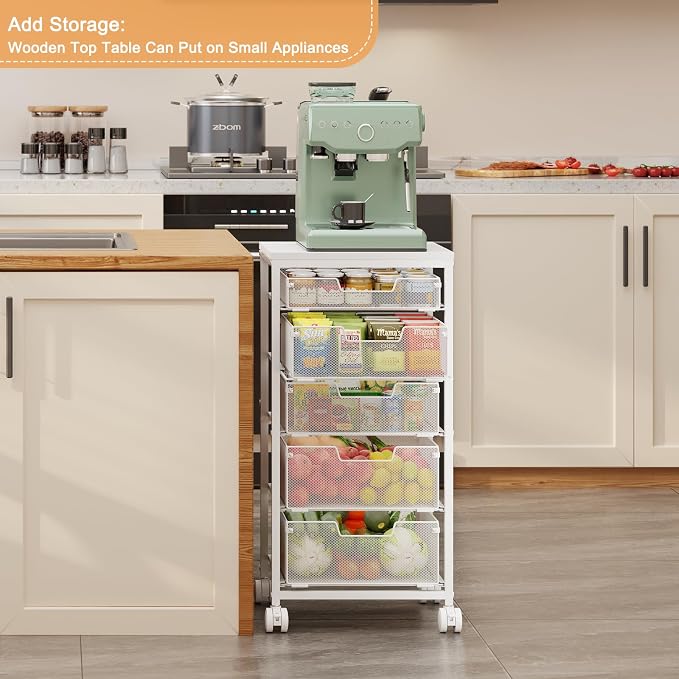 Kitchen Storage Cart with Wheels, 5-Tier Fruit Vegetable Storage Cart, Kitchen Organizer and Storage Cart with Drawers, Wooden Top Metal Wire Pantry Storage Cart for Fruit Snack Onion Potato, White - Image 6