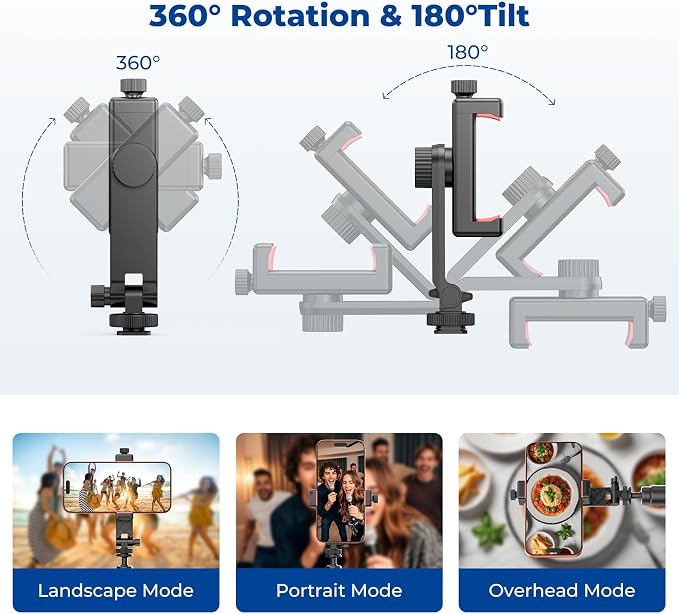 Ruittos Phone Tripod Mount with Remote Controller, New Universal Smartphone Mount Adapter with Cold Shoe, 360° Rotates Cell Phone Clip Clamp Holder, Compatible with iPhone, Samsung and All Phones - Image 5