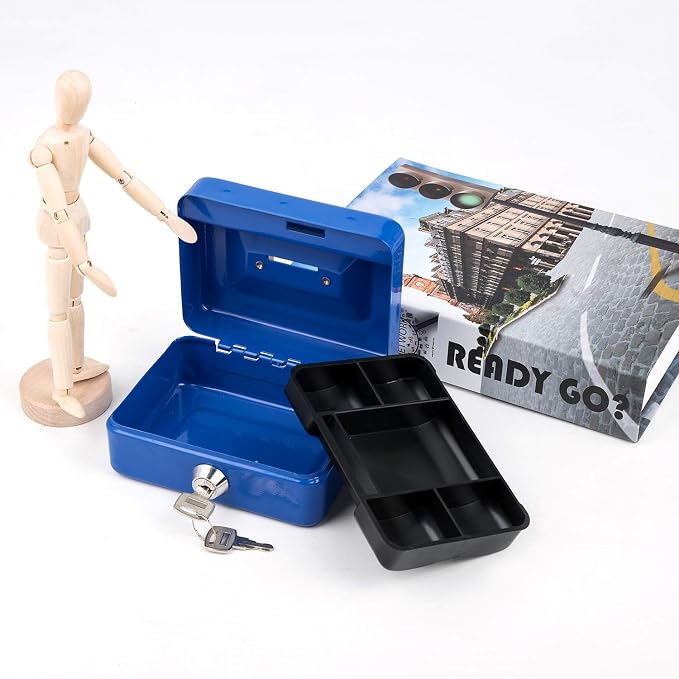 Mini Cash Box with Lock and Slot Small Cash Box with Money Tray Metal Piggy Bank Casino Safe Gamblers Lock Box 4.9" x 3.7" x 2.4" Blue - Image 5