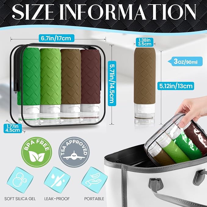 Silevoler Travel Bottles for Toiletries, TSA-Approved Travel Size Container | Woven Pattern BPA Free Silicone Leak Proof Refillable Liqus Shampoo And Conditioner Essentials Toiletry Bottles(Forest Green) - Image 3