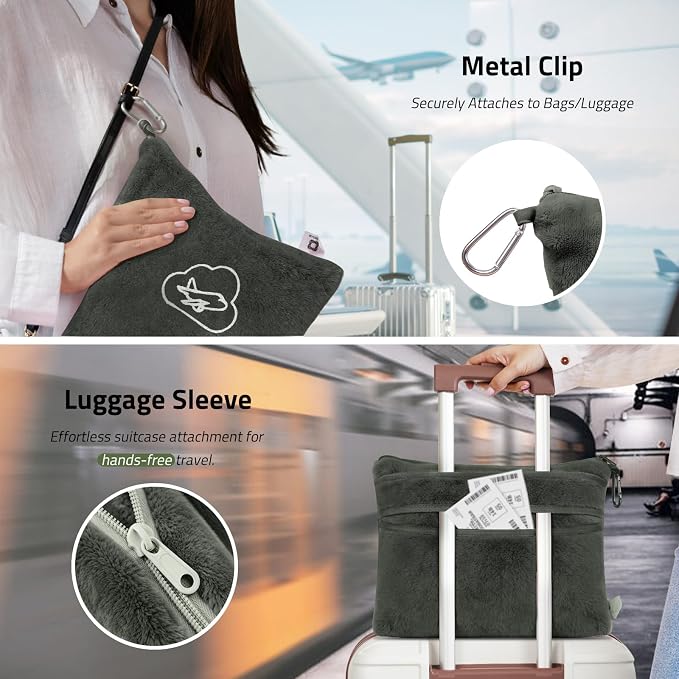 Travel Blanket, Airplane Blanket, Ultra-Soft, Warm & Lightweight, 65x40 in, Outdoor Blanket Essentials for Women, Men & Kids, Included Eye Mask, Luggage Sleeve & Backpack Clip Dark Grey - Image 4