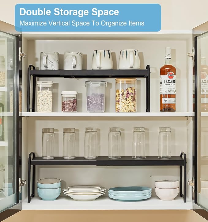 Expandable Cabinet Shelf Organizer, Adjustable kitchen Countertop Storage | 2 Pack Stackable Metal Kitchen Cabinet Countertop Storage Shelves, Heavy Duty Counter Cupboard Pantry Organizers, 20.5" Long - Image 6