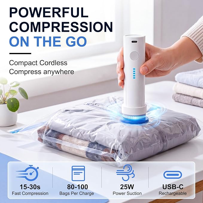 12 Pack Vacuum Storage Bags for Travel with Cordless Rechargeable Pump, Carry-On Compression Seal Bags for Luggage and Suitcase, Space Saver for Clothes and Packing - Image 2