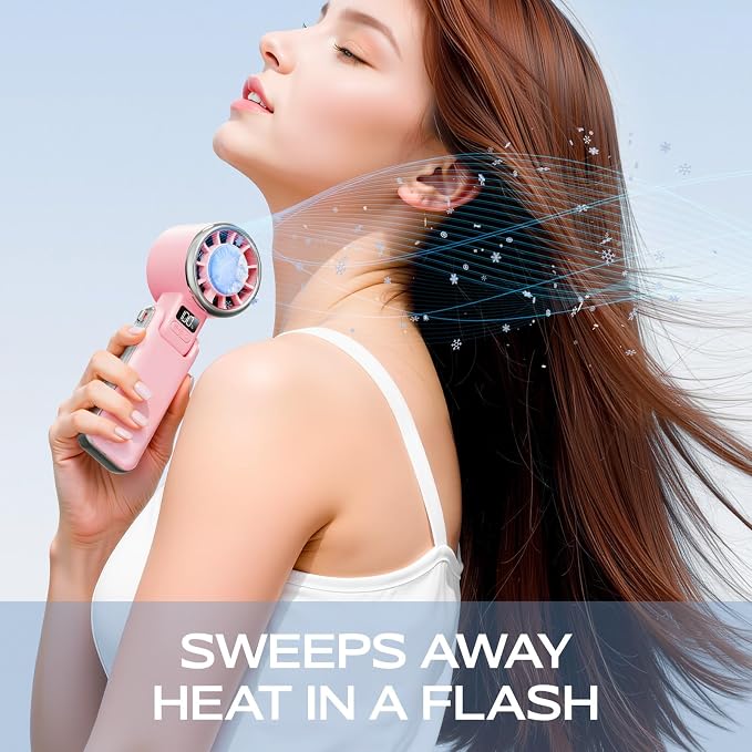 SHEWIND Portable Handheld Fan with Ice Cooling - 5 Gear High Speed Personal Turbo Fan Rechargeable, Up to 13 Hrs, Mini Hand Fans for Travel Essentials, Beach Vacation, Gifts for Women, Men (Pink) - Image 3