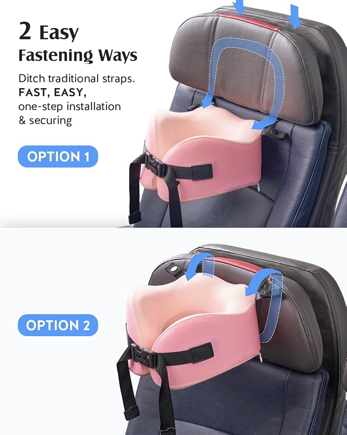 YFONG Travel Pillow with 3D Sleep Mask for Long Flights Airplane, Pink | Patented 360° Ergonomic Sleeper Hold Head Support System, Memory Foam Neck Pillow, Prevents Head Bobbing, Adjustable Strap - Image 4