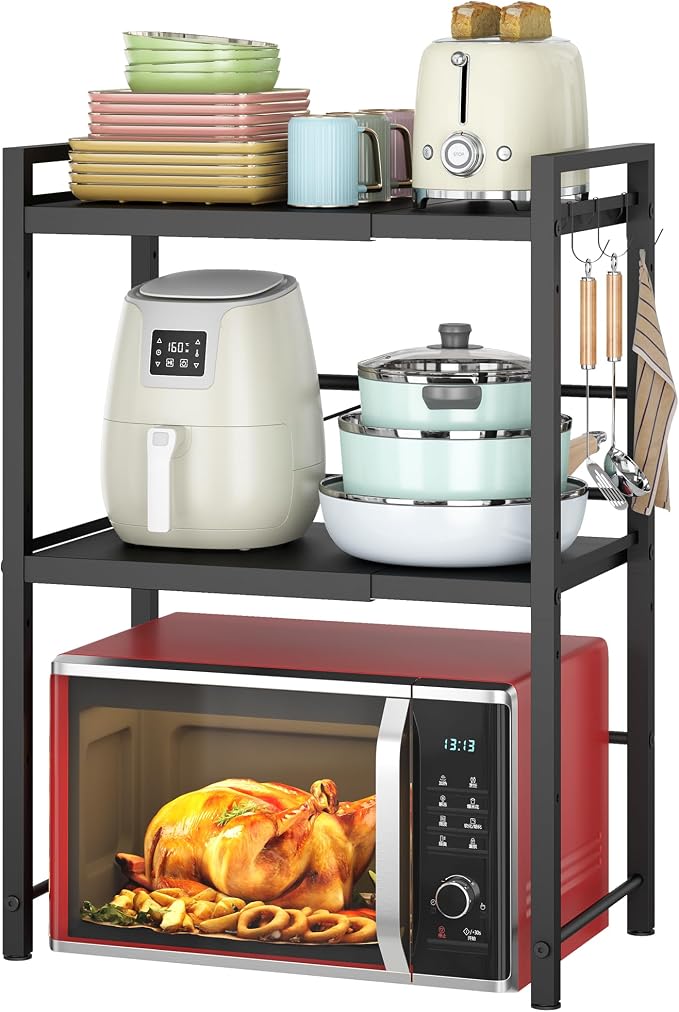 DOLALIKE Microwave Oven Rack, Expandable Microwave Stand Countertop Kitchen Utensils Tableware Storage, Carbon Steel Over Microwave Shelf Countertop with 3 Hooks | Adjustable Microwave Oven Rack Metal Storage Shelf with 3 Hooks for Pans Small Appliance... by DOLALIKE