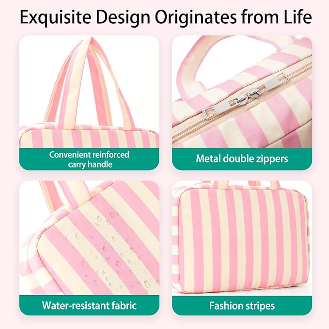 Toiletry Bag for Women Travel Water-resistant Cosmetic Bag Fashion Stripes Makeup Bag with Hanging Hook Preppy for Store Toiletries Cosmetic Accessories Medium Pink - Image 2