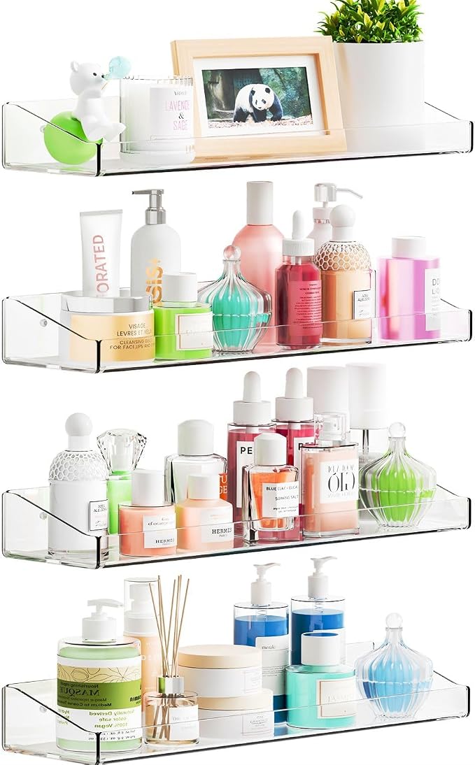 4 Pack Adhesive Clear Bathroom Shower Shelves,No Drill Acrylic Shower Wall Caddy,Bathroom Shelf,Floating Shelves for Inside Shower Wall Organizer and Storage for Makeup,Perfume,Shampoo Holder by Yieach
